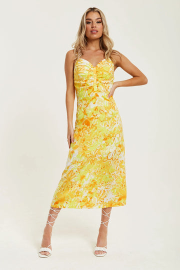 Yellow And Orange Floral Print Ruched Maxi Dress Liquorish